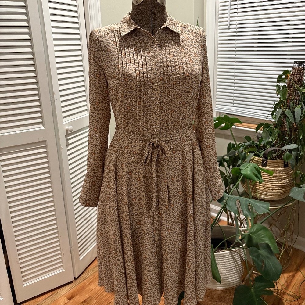 Nanette Lepore Long Sleeve Pin Tuck Shirt Dress Neutral Animal Print Size 6